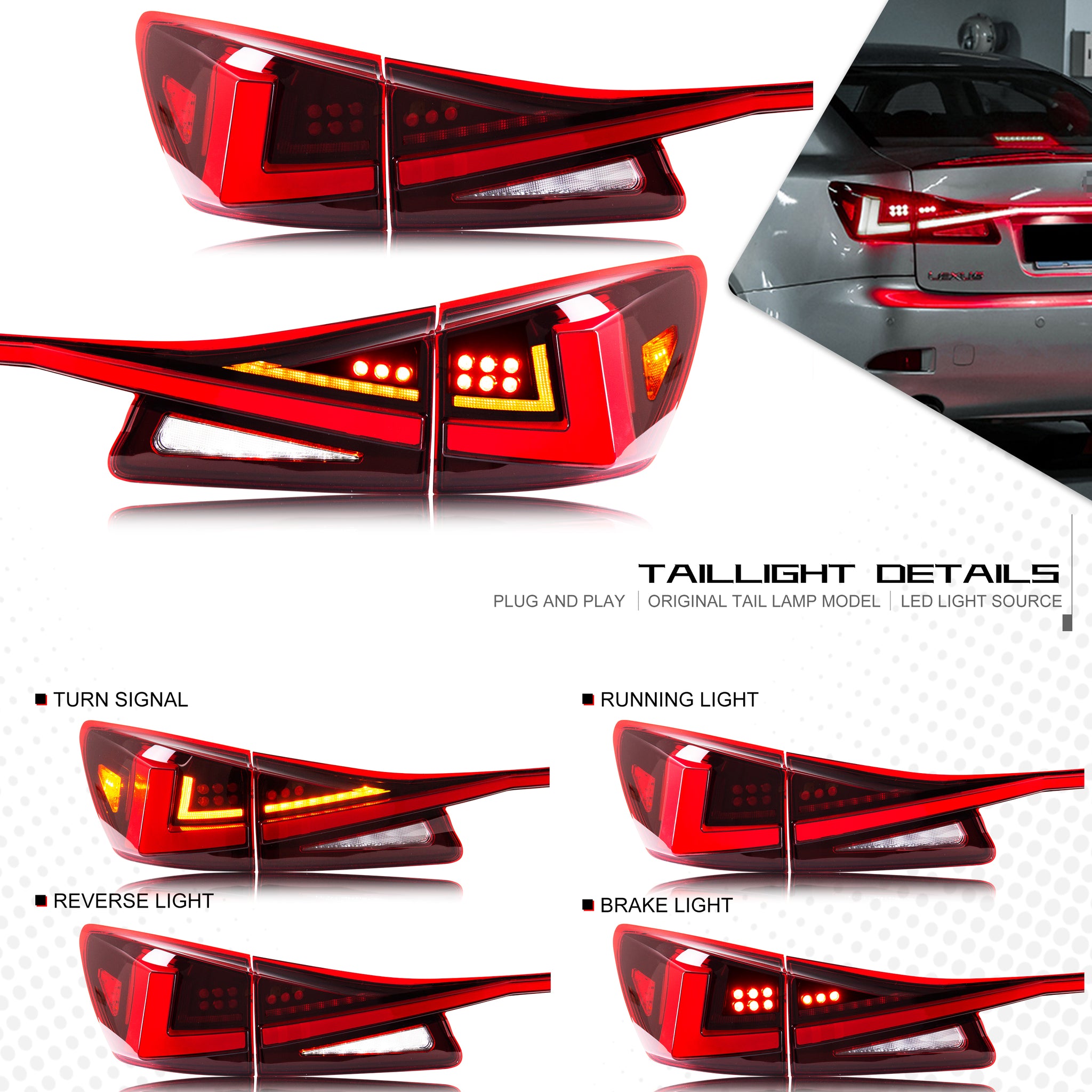 inginuity time LED Tail Lights & Middle Lamp for Lexus IS250 IS350 ISF  2006-2013 Red Start-up Animation Sequential Turn Signal Facelift Rear Lamps  