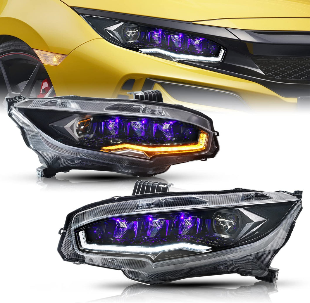 inginuity time LED 4 Projectors Headlights for 2016-2021 Honda Civic 10TH Gen Sedan Coupe Hatchback Type R Start Up Animation Sequential Turn Signal Accessary